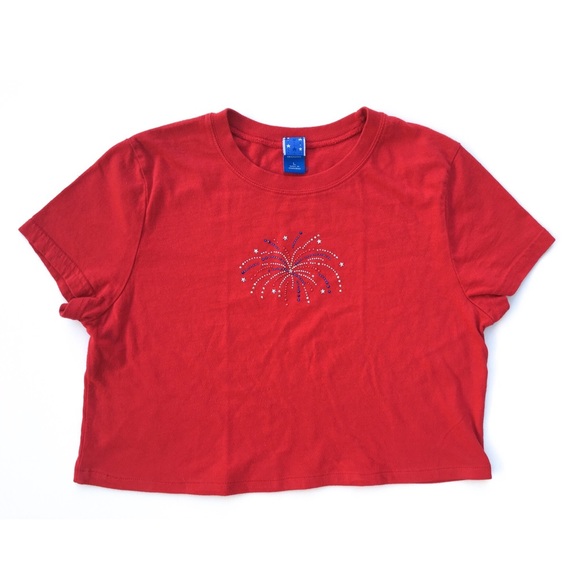 Vintage Tops - 90s Red Rhinestone Firework Short Sleeve Crop Top Vintage Tops - 90s Red Rhinestone Firework Short Sleeve Crop Top